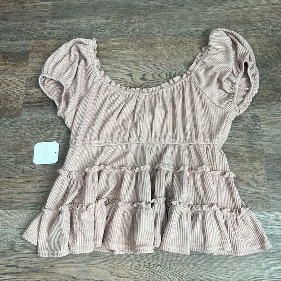 NWT Altar’d State Mauve Pink Rose Ribbed Ruffle Blouse Medium Romantic Top - Picture 3 of 7